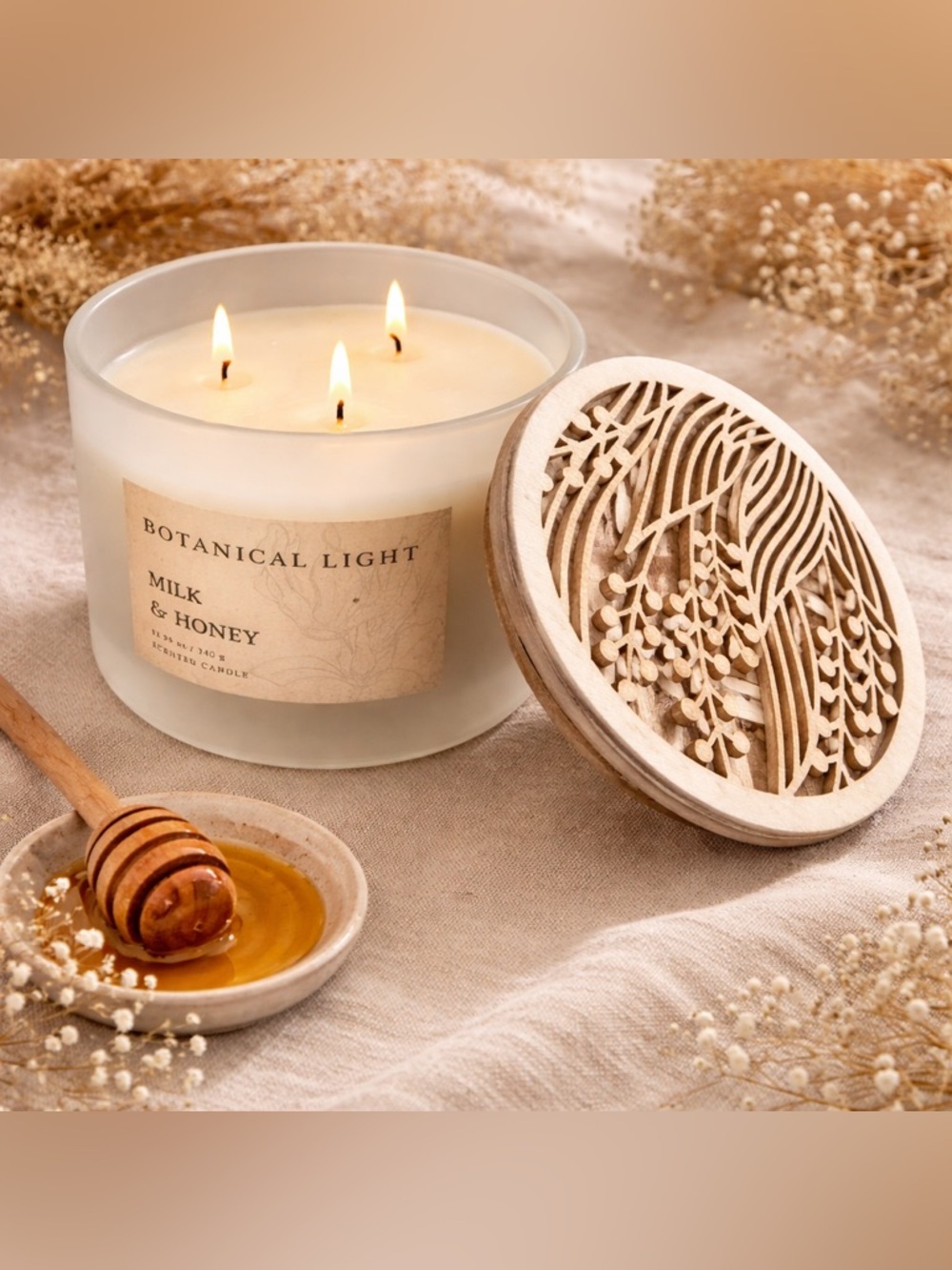 Botanical Light Milk & Honey 3-Wick Candle | Frosted Glass Jar | Home Fragrance